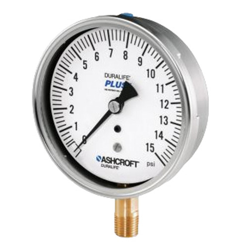 Mechanical Pressure Gauge, Dry, 60 psi, 1/4 in MNPT, 2-1/2 in Dia Dial, +/-1%, 0.2 psi, Dial Display, -40 to 150 deg F, Stem Mount, 2-3/4 in dia,  1-1/4 in dp
