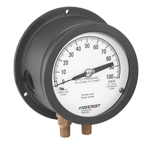 Mechanical Pressure Gauge, Dry, 50 psi, 1/4 in MNPT, 4-1/2 in Dia Dial, +/-2-1-2%, Dial Display, -20 to 250 deg F, Stem,  Surface Mount, Aluminium