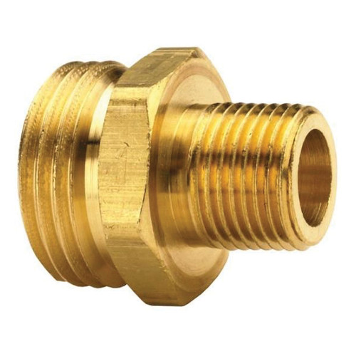 Adapter, Adapter, 3/4-11-1/2 x 1/2-14 in, Male GHT x MNPT End, 1-1/16 in Hex, Brass, 1-1/2 in, Domestic Adapter, Adapter, 3/4-11-1/2 x 1/2-14 in, Male GHT x MNPT End, 1-1/16 in Hex, Brass, 1-1/2 in, Domestic