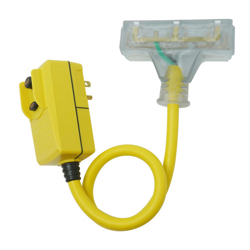 GFCI Plug Tri-Cord, SJTW-A,  Heavy Duty,  Right Angle, 120 VAC,  15 A, 12 AWG Cord, 2 ft Lg Cord, 3 Conductor, 12 AWG Conductor, 3 Outlet, NEMA 5-15R