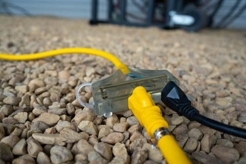 GFCI Plug Tri-Cord, SJTW-A,  Heavy Duty,  Right Angle, 120 VAC,  15 A, 12 AWG Cord, 2 ft Lg Cord, 3 Conductor, 12 AWG Conductor, 3 Outlet, NEMA 5-15R