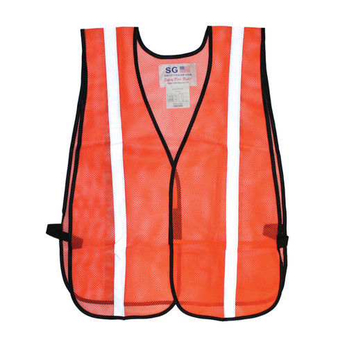 Safety Vest, One-Fit, High-Vis Orange , Polyester Mesh, Silver Stripe, 45 in Chest, 28 in Lg, Hook and Loop Closure, 1 -Pocket Safety Vest, One-Fit, High-Vis Orange , Polyester Mesh, Silver Stripe, 45 in Chest, 28 in Lg, Hook and Loop Closure, 1 -Pocket