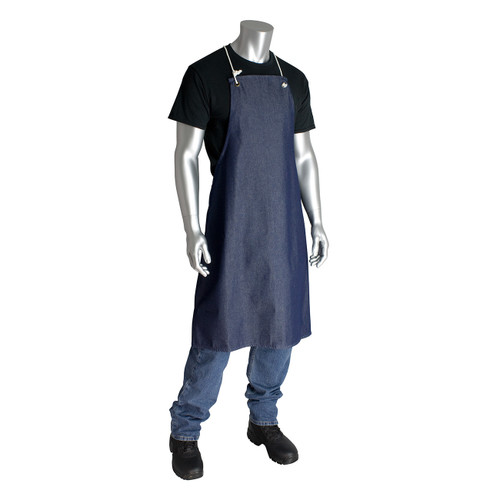 PIP Bib Apron, 28 x 38 in, Blue , Cotton Denim, 36-1/2 in Lg, 28 in Wd, Serged Seam, 10 oz Fabric