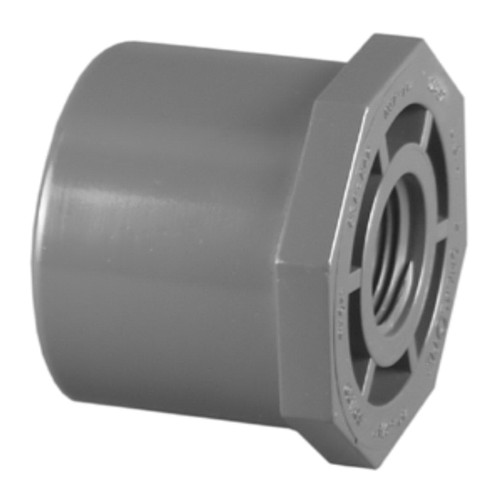 Reducer Bushing, Flush Style, Bushing, 1-1/2 x 1-1/4 in, Spigot x FPT End, 1.656 in Lg, SCH 80, 150 psi, Injection-Molded, PVC, Gray , 140 deg F, Domestic Reducer Bushing, Flush Style, Bushing, 1-1/2 x 1-1/4 in, Spigot x FPT End, 1.656 in Lg, SCH 80, 150 psi, Injection-Molded, PVC, Gray , 140 deg F, Domestic