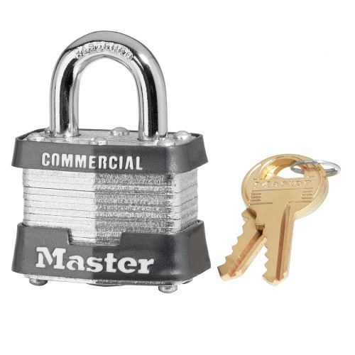 Laminated Padlock, Non-Rekeyable, 0.75 in Ht Shackle, 0.625 in Wd Shackle, Steel Shackle, 1.5625 in Wd Body, 4-Pin Tumbler Cylindrical Locking, Silver Color, No. 81