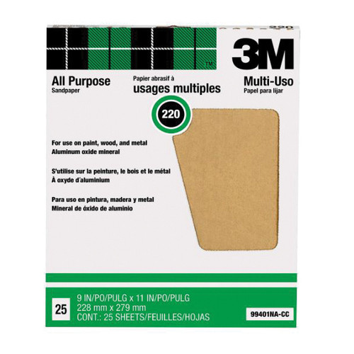 3M Sanding Sheet, 11.6 in Lg, 10.3 in Wd, 220 Grit, Aluminium Oxide Abrasive 3M Sanding Sheet, 11.6 in Lg, 10.3 in Wd, 220 Grit, Aluminium Oxide Abrasive