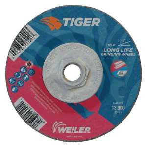WEILER Tiger Depressed Center Wheel, 4-1/2 in Dia Wheel, 24 Grit, Aluminium Oxide Abrasive, 13300 rpm Max, Stainless Steel Applicable