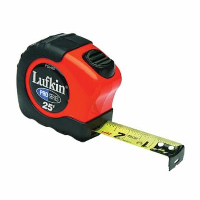 Measuring Tape, Imperial, 25 ft Lg Blade, 1 in Wd Blade, Steel Blade, 1/16ths, Black/Red Marking, Button, 4-Rivet, Black,  Orange Case