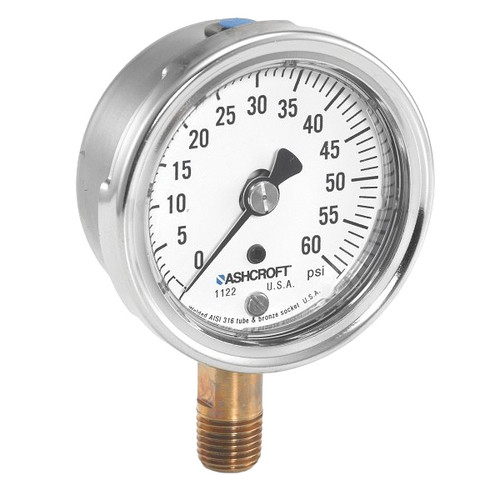 Mechanical Pressure Gauge, Dry, 0 to 60 psi, 1/4 in MNPT, 2-1/2 in Dia Dial, +/-2%-1%-2%, Dial Display, -20 to 250 deg F, Stem Mount, Bronze Tube,  Brass Socket
