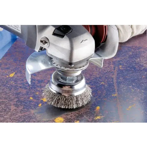PFERD Cup Brush, Minigrinder, 2.75 in Dia Brush, 5/8 in-11 Arbor Hole, Crimped Filament/Wire, 0.014 in Dia Wire, Steel Wire Fill, 0.875 in Lg Trim, 14000 rpm Max, 79182243