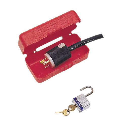 Electrical Lockout, Lock-A, Suitable For Up to 1/2 in dia Cord and 110 V Plug, 1 Padlock, 5/16 in Max Dia Padlock Shackle, Polypropylene, Red Color