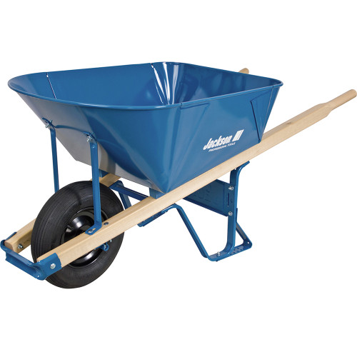 Wheelbarrow, Heavy Duty, 6 cu-ft, Steel Tray, Wood Handle, 60 in lg Handle, 1 -Wheel, Tubed Tire with Ball Bearing Wheel, 16 in Dia Wheel