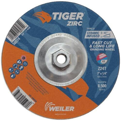 WEILER TIGER Grinding Wheel, Performance Line, 5/8 in-11 Center Hole, T Wheel Hardness, Black Wheel, 1 Reinforced, ANSI B7.1-2010, 7 in Dia Wheel, 1/4 in Thk Wheel, Coarse