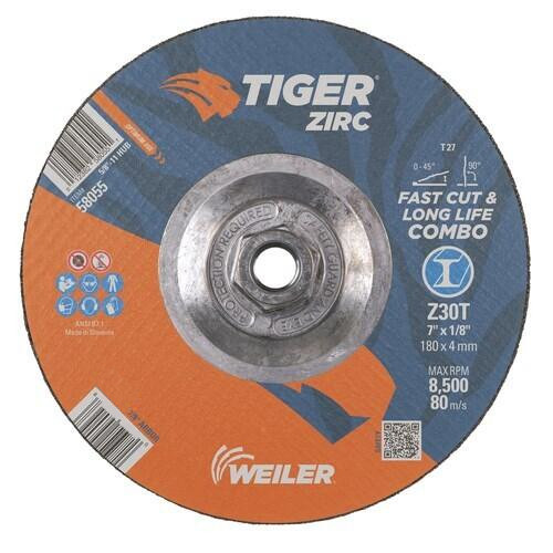 WEILER Tiger Zirc Type 27 Grinding Wheel, 7 inch x 1/8 inch x 5/8-11 Fast and Long Life,  Performance Line,  T Wheel Hardness, Black Wheel, 1 Reinforced, ANSI B7.1-2010, 