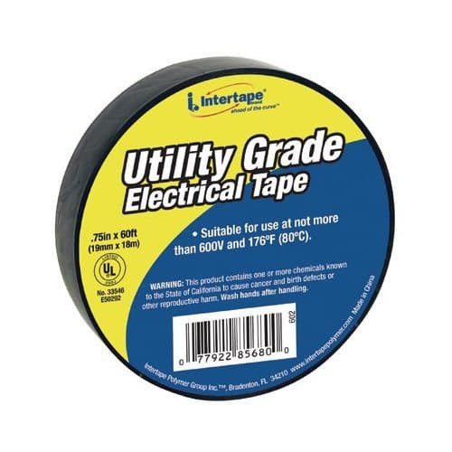 Electrical Tape, 60 ft Lg, 3/4 in Wd, 7 mil Thk, Vinyl, Black , Rubber Adhesive, Polyvinyl Chloride Backing
