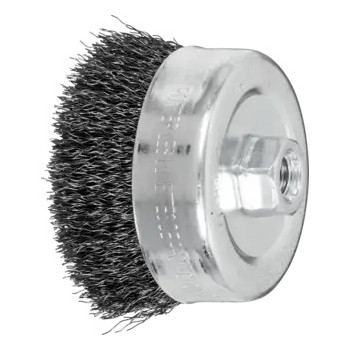 PFERD Cup Brush, External Thread, 4 in Dia Brush, 5/8 in-11 Arbor Hole, Crimped Filament/Wire, 0.014 in Dia Wire, Steel Wire Fill, 1-1/4 in Lg Trim, 9000 rpm Max