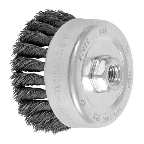 PFERD Cup Brush, Knotted, External Nut,  Single Row, 4 in Dia Brush, 5/8 in-11 Arbor Hole, Standard,  Twist Knot Filament/Wire, 0.014 in Dia Wire, Steel Wire Fill