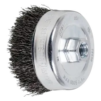 PFERD Cup Brush, External Thread, 4 in Dia Brush, 5/8 in-11 Arbor Hole, Crimped Filament/Wire, 0.02 in Dia Wire, Steel Wire Fill, 1-1/4 in Lg Trim, 9000 rpm Max