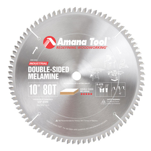 Circular Saw Blade, Double Face Melamine, 10 in Dia, 5/8 in Arbor, ATB Teeth, 80 -Teeth, 0.126 in Kerf, Carbide Cut Edge, Steel Blade Circular Saw Blade, Double Face Melamine, 10 in Dia, 5/8 in Arbor, ATB Teeth, 80 -Teeth, 0.126 in Kerf, Carbide Cut Edge, Steel Blade