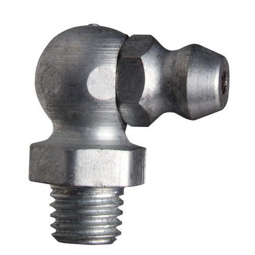 Zerk Fitting, 90 deg, 3/8 in Hex, Trivalent Zinc Plated, Steel, 1/4 in-28 Thread, 3/4 in Lg, 0.203 in Lg Shank