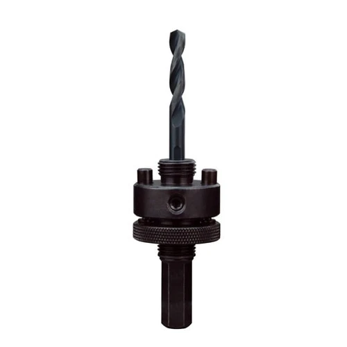 Hole Saw Arbor, Large Thread,  Quick Change, 1-1/4 in Arbor, Hex Shank, 7/16 in Shank, Hex Shank, Hardened Steel Cut Edge, Hardened Steel, Black Color