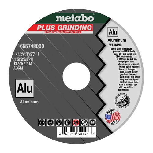 METABO Grinding Wheel, Aggressive Cool Cutting, 5/8 in-11 Center Hole, M Wheel Hardness, 1 Reinforced, 4-1/2 in Dia Wheel, 1/4 in Thk Wheel, Threaded Connector