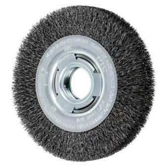 PFERD Wheel Brush, Medium Face, 8 in Dia Brush, 1-1/16 in Wd Face, 2 in Arbor Hole, Crimped Filament/Wire, 0.01 in Dia Wire, Carbon Steel Fill, 1-1/2 in Lg Trim