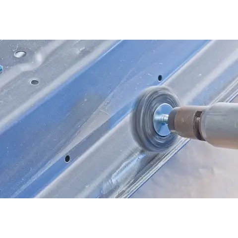 PFERD Wheel Brush, 3 in Dia Brush, 5/8 in Wd Face, Crimped Filament/Wire, 0.014 in Dia Wire, Carbon Steel Fill, 1 in Lg Trim, 15000 rpm Max, Stem