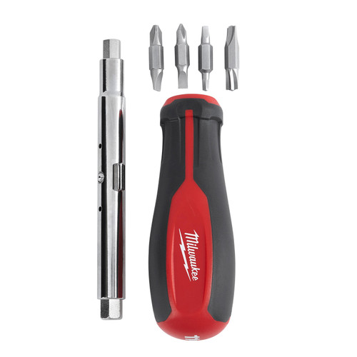 Multi-Bit Screwdriver, 11-in-1 Round Shank, Imperial, Phillips®/Slotted/Square/ECX™ Bit, 10 in Lg, Plastic,  Rubber Tri-Lobe, 11 -Piece, Forged Steel