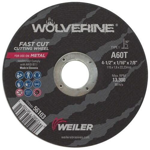 WEILER Wolverine Cut-Off Wheel, 4-1/2 in Dia Wheel, 0.167 in Thk Wheel, 7/8 in Center Hole, 60 Grit, Fine, Aluminium Oxide Abrasive, 13500 rpm Max, Resin Bond, Type 1 WEILER Wolverine Cut-Off Wheel, 4-1/2 in Dia Wheel, 0.167 in Thk Wheel, 7/8 in Center Hole, 60 Grit, Fine, Aluminium Oxide Abrasive, 13500 rpm Max, Resin Bond, Type 1