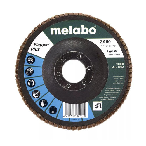 METABO Flap Disc, 4-1/2 in Dia Disc, 7/8 in Center Hole, 60 Grit, Type 29 Disc, Fiberglass Backing, 13300 rpm Max METABO Flap Disc, 4-1/2 in Dia Disc, 7/8 in Center Hole, 60 Grit, Type 29 Disc, Fiberglass Backing, 13300 rpm Max