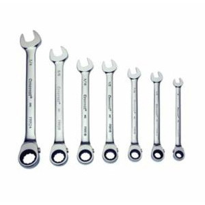 Ratcheting Wrench Set, Reversible, Polished Chrome,  Mirror Polished, Chromium Vanadium Steel, 7 -Piece, 5/16 to 3/4 in, 15 deg Offset,  Open/Box End Drive