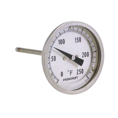 Thermometer, Bi-Metal, 3 in Dial, 1/2 in NPT, Lower Connection, 2-1/2 in Lg Stem, 0 to 250 deg F, Stainless Steel