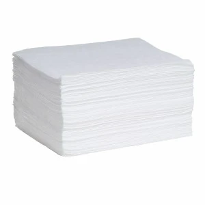 Absorbent Pad, Oil Only, 19 in Lg, 15 in Wd, 17.98 oz, Fluids Absorbed Diesel Fuel/Gasoline/Hydraulic Oil/Jet Fuel/Motor Oil, Polypropylene, White Color. 200 per pack