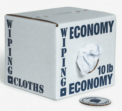 667-10 ECONOMY White Wiper, Cotton/poly mix sheets. Colorfast and Low-lint. Low-Medium absorbency. 10 lb box