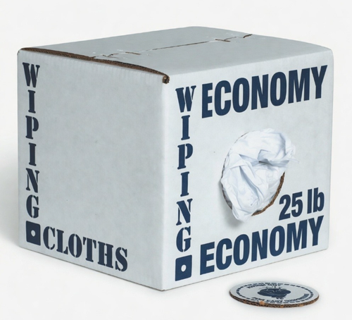 667-25 ECONOMY White Wiper. Cotton/poly mix sheets. Colorfast and Low-lint. Low-Medium absorbency. 25 lb box. 