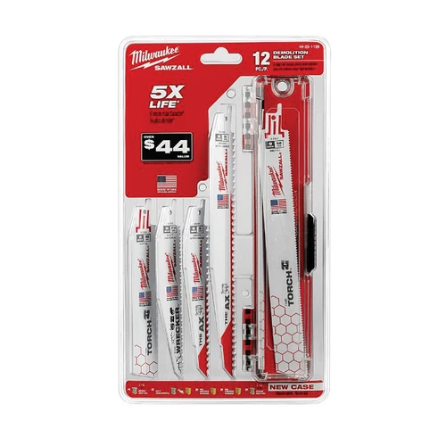 Reciprocating Saw Blade Set, Demolition,  Straight Tapered Back, 9 in Lg, 1 in Wd, Matrix II Teeth, 1/2 in Tang, Universal/Toothed Edge Tang, Bi-Metal Body