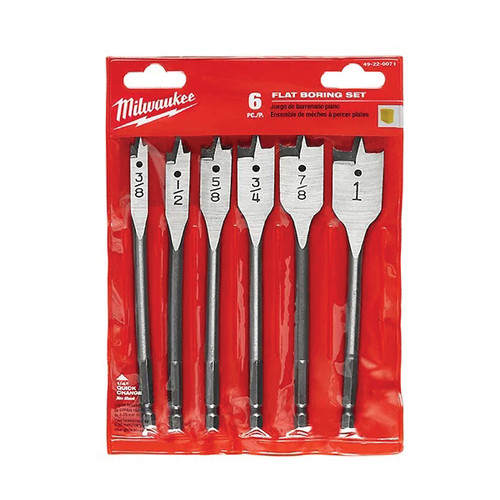 MILWAUKEE Flat Boring Bit Set, Spade, 3/8 in Drill, 1 in Drill, 6 -Piece, Carbon Steel MILWAUKEE Flat Boring Bit Set, Spade, 3/8 in Drill, 1 in Drill, 6 -Piece, Carbon Steel