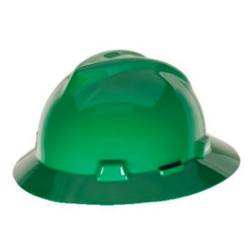 Hard Hat, Full Brim, Fits Min Hat 6-1/2 in, Fits Max Hat 8 in, Green , Polyethylene, 4-Point Staz-On® Suspension, Class E, 1 Slotted, Pin Lock Adjustment