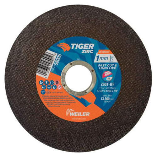 WEILER Tiger Cut-Off Wheel, 4-1/2 in Dia Wheel, 1 mm Thk Wheel, 60 Grit, Zirconia Alumina Abrasive, 13300 rpm Max, Stainless Steel,  Steel Applicable, Type 1