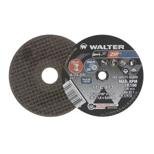 WALTER ZIP Cut-Off Wheel, 4 in Dia Wheel, 1/16 in Thk Wheel, 3/8 in Center Hole, 24 Grit, Coarse, Aluminium Oxide Abrasive, 19100 rpm Max, Resin Bond, Type 1 WALTER ZIP Cut-Off Wheel, 4 in Dia Wheel, 1/16 in Thk Wheel, 3/8 in Center Hole, 24 Grit, Coarse, Aluminium Oxide Abrasive, 19100 rpm Max, Resin Bond, Type 1