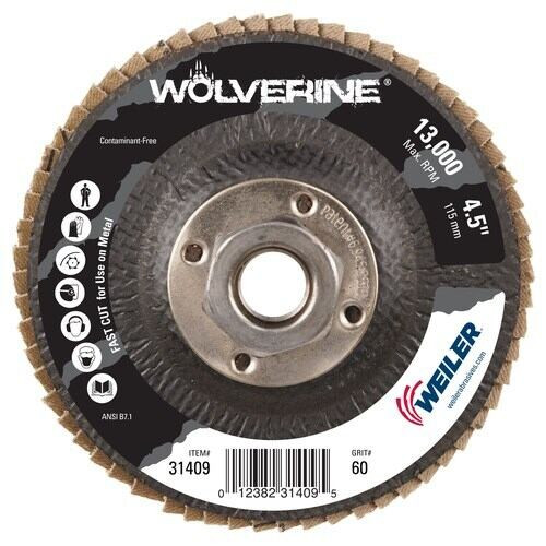 WEILER Wolverine Flap Disc, Fast Cut, 4-1/2 in Dia Disc, 7/8 in Center Hole, 60 Grit, Medium, Zirconia Alumina Abrasive, Type 27 Flat Disc, Phenolic Backing, 13000 rpm Max