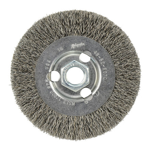 MILWAUKEE ELECTRIC Wheel Brush, 4 in Dia Brush, 1/2 in Wd Face, 5/8 in-11 Arbor Hole, Crimped Filament/Wire, 0.014 in Dia Wire, Carbon Steel Fill, 11/16 in Lg Trim MILWAUKEE ELECTRIC Wheel Brush, 4 in Dia Brush, 1/2 in Wd Face, 5/8 in-11 Arbor Hole, Crimped Filament/Wire, 0.014 in Dia Wire, Carbon Steel Fill, 11/16 in Lg Trim