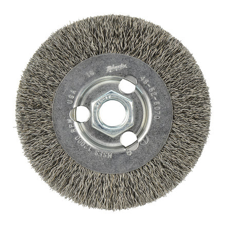 MILWAUKEE ELECTRIC Wheel Brush, 4 in Dia Brush, 1/2 in Wd Face, 5/8 in-11 Arbor Hole, Crimped Filament/Wire, 0.014 in Dia Wire, Carbon Steel Fill, 11/16 in Lg Trim