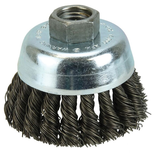 WEILER VORTEX Cup Brush, Flat Surface, 2-3/4 in Dia Brush, 5/8 in-11 Arbor Hole, Knot Filament/Wire, 0.02 in Dia Wire, Carbon Steel Wire Fill, 1 in Lg Trim, 14000 rpm Max WEILER VORTEX Cup Brush, Flat Surface, 2-3/4 in Dia Brush, 5/8 in-11 Arbor Hole, Knot Filament/Wire, 0.02 in Dia Wire, Carbon Steel Wire Fill, 1 in Lg Trim, 14000 rpm Max