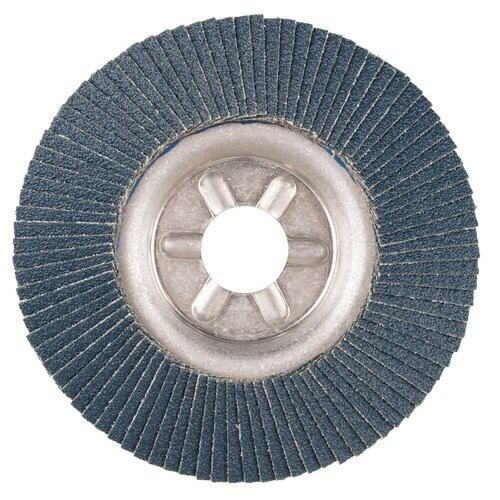 WEILER Tiger Flap Disc, 4-1/2 in Dia Disc, 7/8 in Center Hole, 120 Grit, Fine, Zirconia Alumina Abrasive, Type 29 Angled Disc, Aluminium Backing, 13000 rpm Max, Blue Color