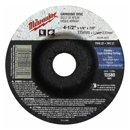 MILWAUKEE Depressed Center Wheel, S Wheel Hardness, Black Wheel, 1 Reinforced, 4-1/2 in Dia Wheel, 1/8 in Thk Wheel, 30 Grit, Very Coarse, Aluminium Oxide Abrasive