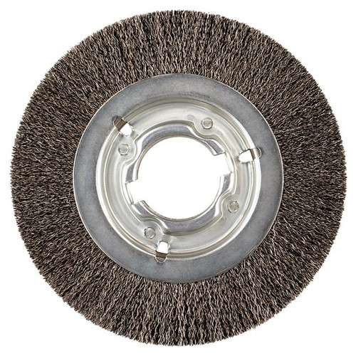 PFERD Wheel Brush, Wide Face, 6 in Dia Brush, 1-1/8 in Wd Face, 2 in Arbor Hole, Crimped Filament/Wire, 0.014 in Dia Wire, Carbon Steel Fill, 1-1/8 in Lg Trim