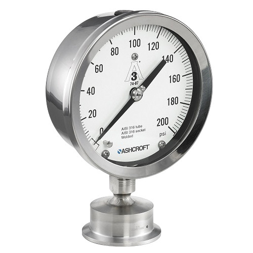 Mechanical Pressure Gauge, Utility, 200 psi, 2 in, 4-1/2 in Dia Dial, +/-1-1/2%, 1 Liquid Filled, Dial Display, 280 deg F, Lower Mount, 5.18 in dia,  2.06 in dp
