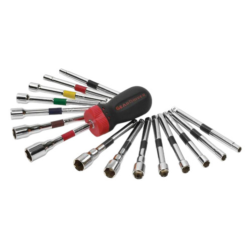Nutdriver Set, Polished Chrome Coated, Alloy Steel, 12.1 in wd,  5-1/2 in lg,  1.8 in ht, 16 -Piece, 3/16 to 1/2 in, 5-1/2 in Lg, Stubby